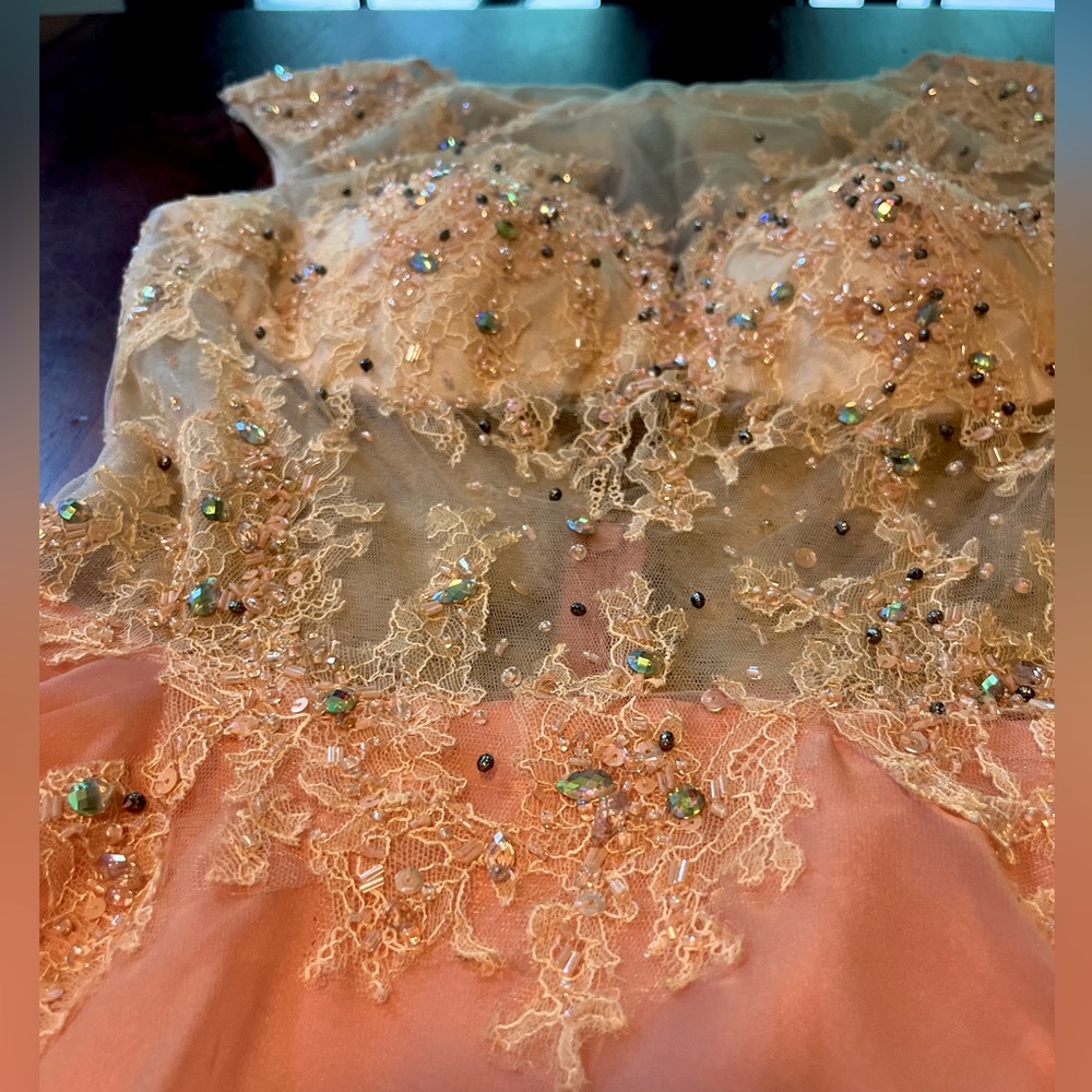 Sexy gown sophisticated handmade Italian lace and silk maxi Tony Bowls dress - Picture 14 of 16